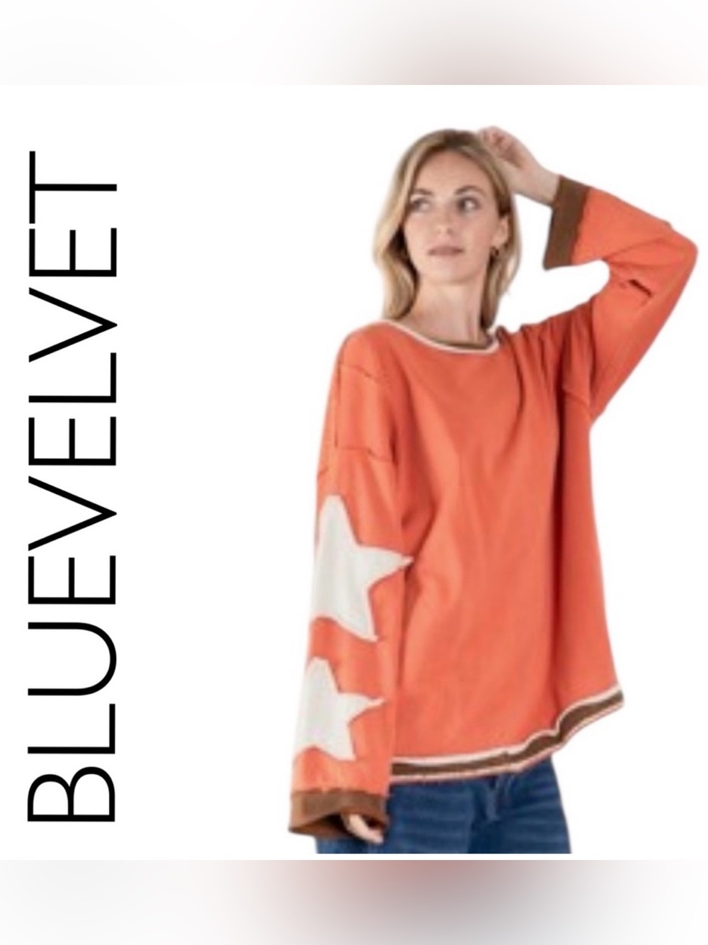 M Blue Velvet RustPullover with White Star Sleeve Accents